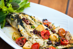 Baked seabass a la Sicily