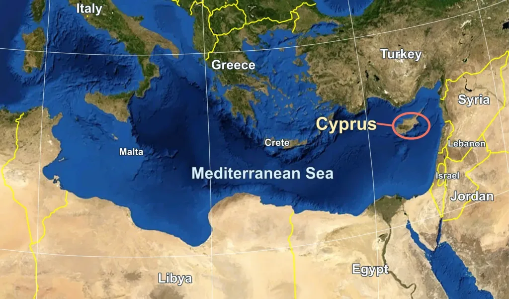 Cyprus in the eastern Mediterranean: map with English place names