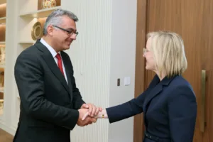 Erhurman meets outgoing US ambassador Julie Davis in Nicosia